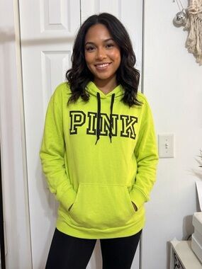 PINK Victoria's Secret Neon Lime Hoodie with Black Lettering